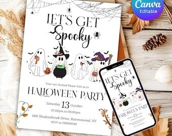May include: A Halloween party invitation with the text "Let's Get Spooky" and a cartoon illustration of ghosts. The invitation includes the date, time, and location of the party. A smartphone displays the same invitation.
