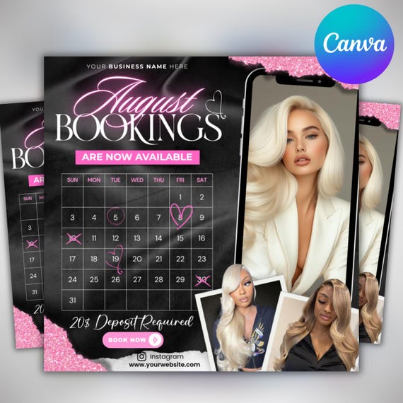 August Bookings Flyer, August Bookings Available, August Appointment Flyer, August Calendar Flyer, Hair, Nails, Makeup, Lashes, Braids, Wig