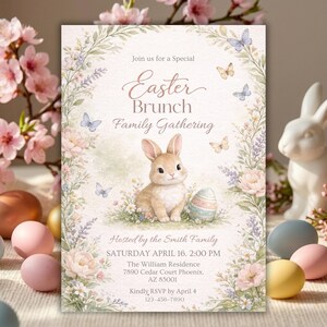 Easter Egg Hunt and Brunch Invitation, Easter Brunch Party Invitation, Floral Spring, Religious Easter Invite Bunny & Cross, Editable Canva, Easter egg Hunt Invitation, Party with my Peeps, Easter Bunny Invite, Gold Easter Egg, Easter Party Invite, Instant Download, Editable Canva