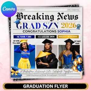 Graduate Flyer, Graduation Party Flyer, Graduation Invitation, College Decision, Class of 2026 Flyer, Senior Grad Announce, Canva Editable, Class of 2026 Gold Graduation Invitation, Editable Magazine Style Black Boy College High School Grad Party Canva DIY Flyer