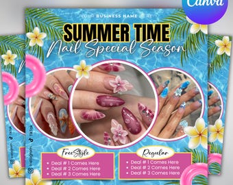 Summer Nail Sale Flyer, Summer Sale Flyer, Braids Sale Flyer, Hair Flyer, Lashes Flyer,June booking ,Social Media , Editable Canva Template