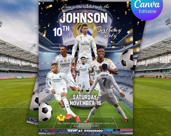 Real Madrid birthday invitation template editable in canva, soccer party theme, Real Madrid FC party, Mbappé, football digital invitation