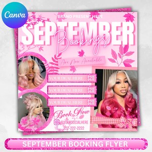 September booking flyer, September flyer, Fall Season Booking Flyer, Fall Szn Sale, Wig Install, Lash Nail Braids Flyer, Canva Editable