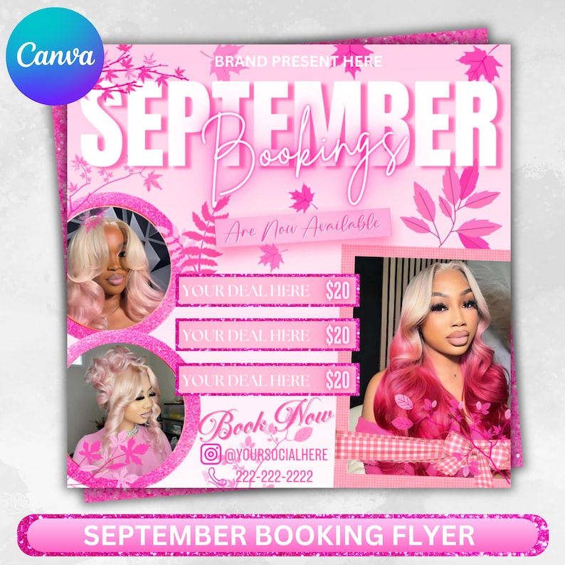 September booking flyer, September flyer, Fall Season Booking Flyer, Fall Szn Sale, Wig Install, Lash Nail Braids Flyer, Canva Editable