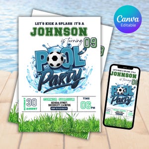 Editable Soccer Pool Birthday Invitation, Soccer Birthday Invitation, Pool Birthday Invitation, Boy Sports Summer Birthday Invite, Digital