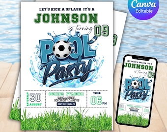 Puede incluir: Una invitación blanca con el texto "LET'S KICK A SPLASH IT'S A JOHNSON is turning 09 POOL Party" y un gráfico de balón de fútbol. La invitación incluye detalles del evento y un smartphone que muestra el mismo diseño.