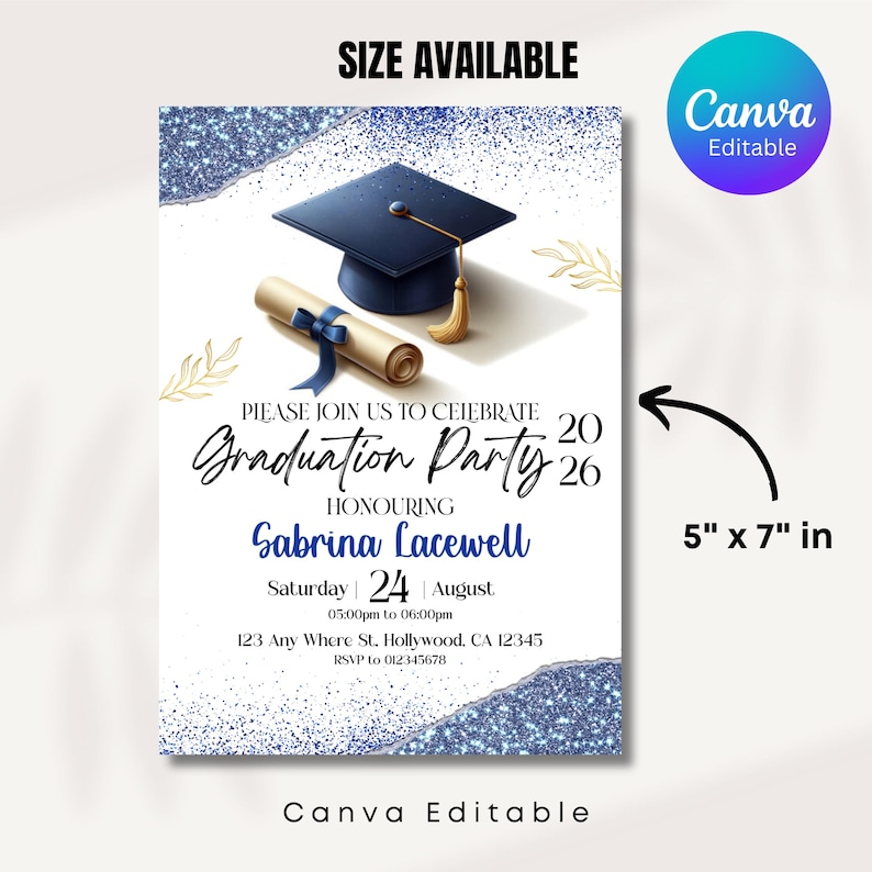 Graduation Party Invitation, Class of 2026 Invite, Blue Graduation Announcement, Self-Editable Digital Download, Printable Grad Card