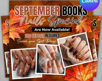 September bookings flyer, Fall Nails Special flyer, Fall Szn, Fall Season Booking Flyer, Fall Szn Sale, Lash Nail Braids Wig, Canva Editable