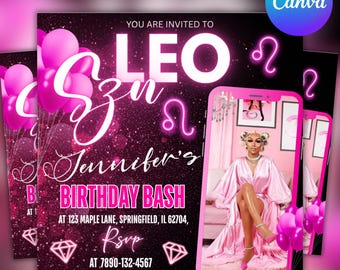 Leo Birthday Flyer Template, Zodiac Birthday Invitation, Editable Canva Birthday Flyer, Astrology Party Invite, Printable