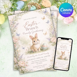 Easter Egg Hunt and Brunch Invitation, Easter Brunch Party Invitation, Floral Spring, Religious Easter Invite Bunny & Cross, Editable Canva, Easter egg Hunt Invitation, Party with my Peeps, Easter Bunny Invite, Gold Easter Egg, Easter Party Invite, Instant Download, Editable Canva