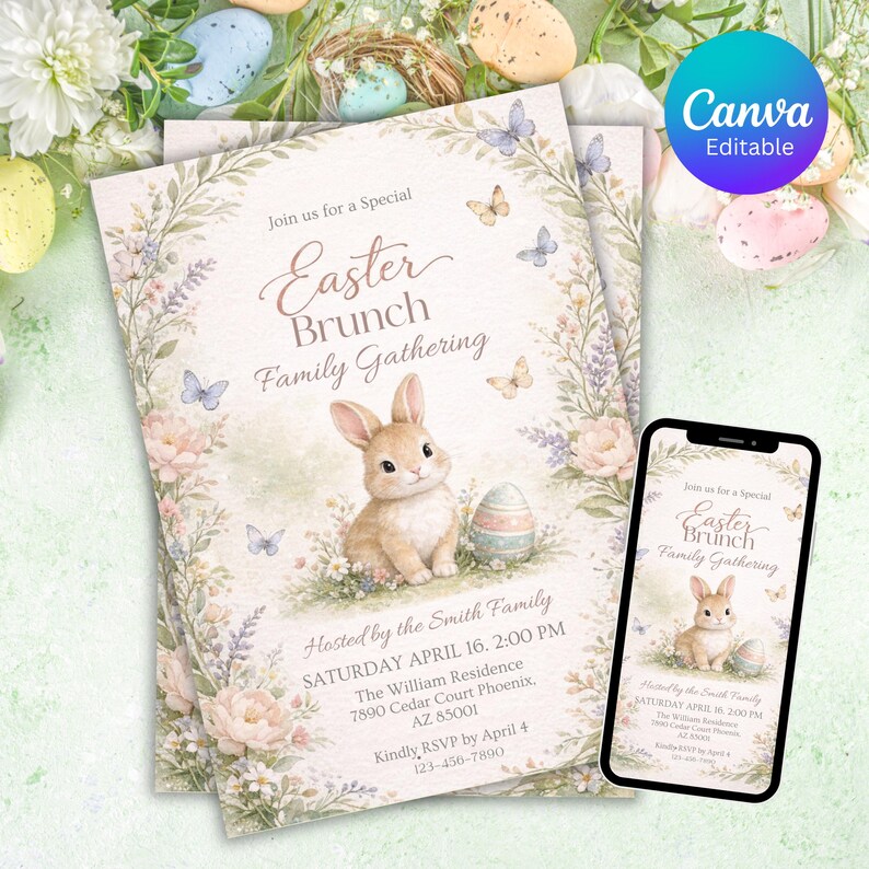 Easter Egg Hunt and Brunch Invitation, Easter Brunch Party Invitation, Floral Spring, Religious Easter Invite Bunny & Cross, Editable Canva, Easter egg Hunt Invitation, Party with my Peeps, Easter Bunny Invite, Gold Easter Egg, Easter Party Invite, Instant Download, Editable Canva