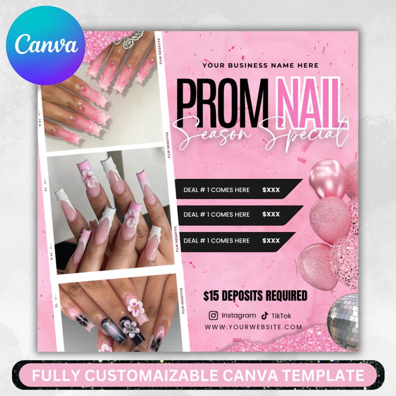 Prom Nails Special Flyer, Prom Booking Flyer, Prom Season , Prom Special flyer, Prom Invite, Beauty, Lashes, Make up, Nails, Hair, Canva