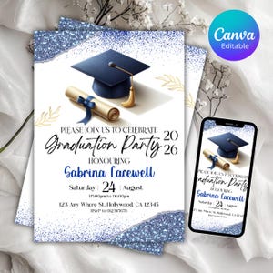 Graduierung Party Einladung, Klasse von 2025 einladen, blaue Graduierung Ankündigung, selbst bearbeitbarer digitaler Download, druckbare Abschlusskarte