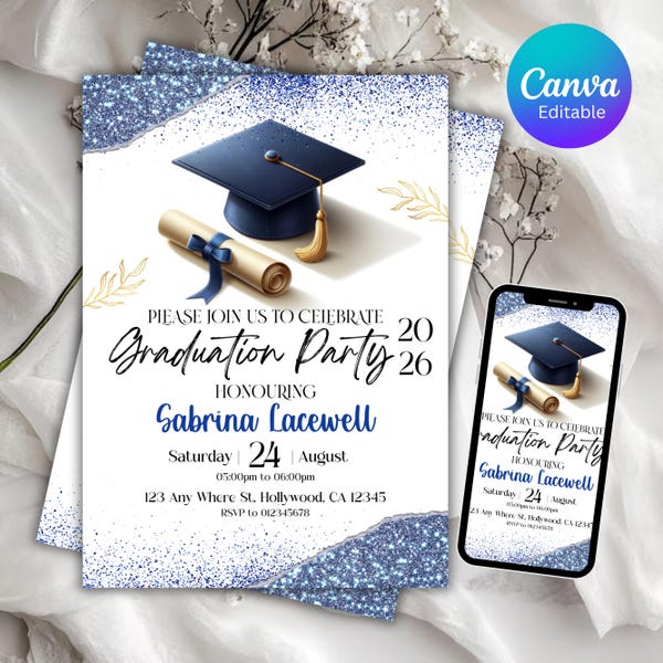 Graduation Party Invitation, Class of 2025 Invite, Blue Graduation Announcement, Self-Editable Digital Download, Printable Grad Card