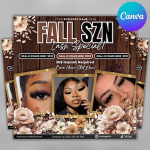 Puede incluir: Folleto publicitario de una oferta especial de pestañas con el texto "FALL SZN Lash Special!". Presenta imágenes de mujeres con largas pestañas, un fondo de madera, detalles florales y el texto "Book Your Slot Now!"