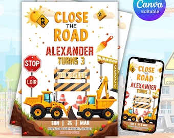 Construction Birthday Invitation, Construction Invitation, Dump Truck Party Invite, 3rd Birthday Invite Printable Template, Editable Canva