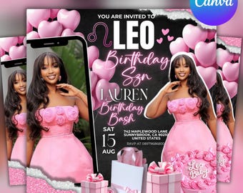 Leo Birthday Flyer Template, Zodiac Birthday Invitation, Editable Canva Birthday Flyer, Astrology Party Invite, Printable