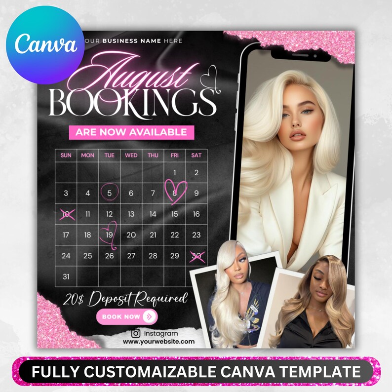 August Bookings Flyer, August Bookings Available, August Appointment Flyer, August Calendar Flyer, Hair, Nails, Makeup, Lashes, Braids, Wig