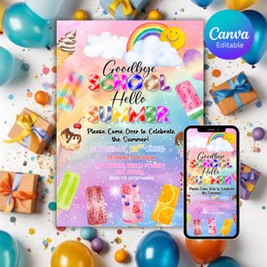Invitación para fiesta de fin de curso, fiesta de fin de curso, fiesta de verano en la piscina, invitación para fiesta en la piscina, Hola verano, plantilla editable de Canva