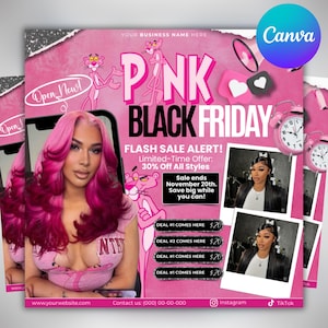 Puede incluir: Anuncio promocional rosa de Black Friday con una mujer con cabello rosa, la Pantera Rosa y despertadores. El texto incluye "Flash Sale Alert!" y "30% de descuento en todos los estilos". La venta finaliza el 20 de noviembre.