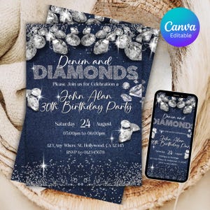 Inbjudan till födelsedag med denim och diamanter, redigerbara middagsinbjudningar till födelsedag med denim, festinbjudan med denim och diamanter, Canva-mall