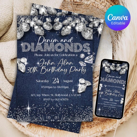 Denim and Diamonds Birthday invitation, Editable Denim Birthday Dinner Invites, denim and diamonds Party Invite, Canva Template