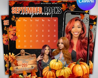 September booking flyer, September Calendar, Fall Season Booking Flyer, Fall Szn Sale, Wig Install, Lash Nail Braids Flyer, Canva Editable