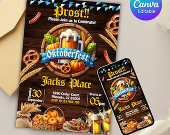 Oktoberfest Party Invitation, Editable Oktoberfest Beer German Festival Printable Instant Download Digital Template Invite, Canva Editable