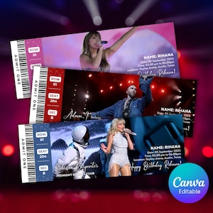 Pode incluir: Três bilhetes de concerto com imagens de artistas. Cada bilhete exibe "ADMIT ONE", "ROW 01", "SEAT 204" e "SEC B". Os bilhetes também incluem o texto "NAME: RIHANA", "Happy Birthday Rihana!" e "Canva Editable".