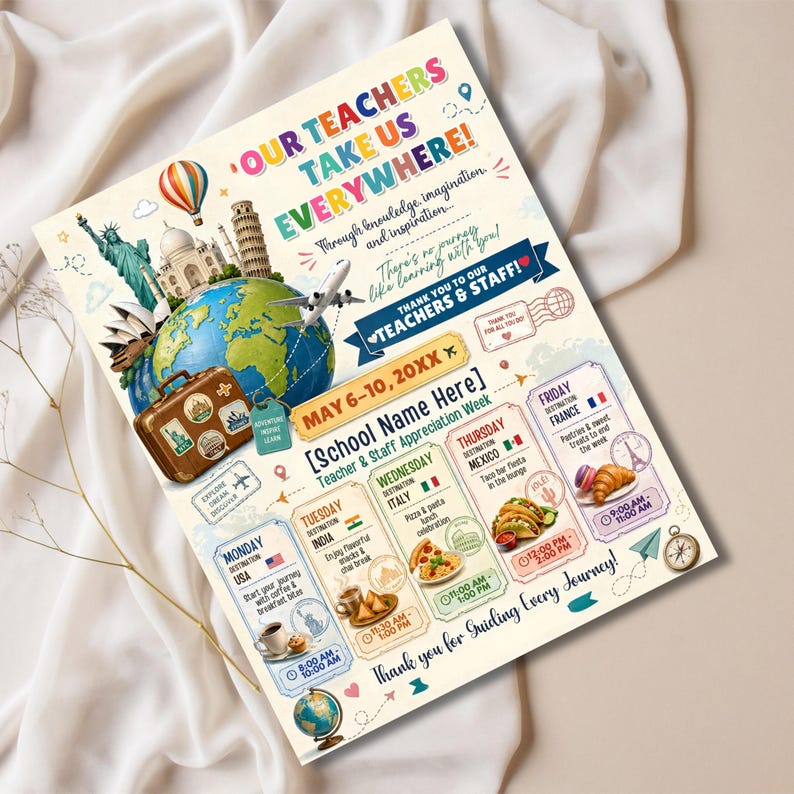 Editable Teacher Appreciation Week Itinerary Flyer, World Travel Theme ...