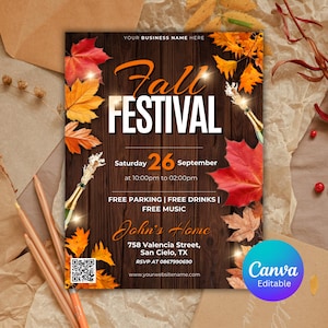 May include: A flyer for a Fall Festival with a wooden background and autumn leaves. The text reads "Fall Festival" with the date, time, and location. Includes details about free parking, drinks, and music. The Canva logo is visible.