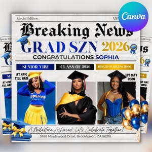 Graduate Flyer, Graduation Party Flyer, Graduation Invitation, College Decision, Class of 2026 Flyer, Senior Grad Announce, Canva Editable, Class of 2026 Gold Graduation Invitation, Editable Magazine Style Black Boy College High School Grad Party Canva DIY Flyer