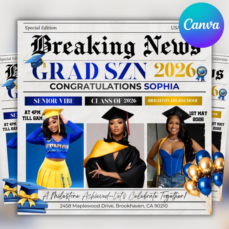 Graduate Flyer, Graduation Party Flyer, Graduation Invitation, College Decision, Class of 2026 Flyer, Senior Grad Announce, Canva Editable, Class of 2026 Gold Graduation Invitation, Editable Magazine Style Black Boy College High School Grad Party Canva DIY Flyer