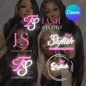 May include: A promotional image featuring multiple women with long hair, showcasing various logos for a lash studio. The logos are in pink and white, with heart accents and the text "LASH STUDIO" and "the Stylish". A Canva logo is also present.