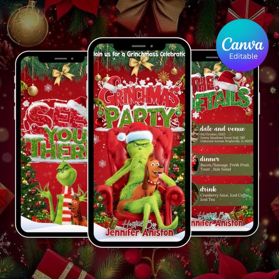 Animated Christmas Dinner Invitation, DIY Template Design, Friendsmas Party Video Invite, Premade Grinch Holiday Festive Celebration Invite