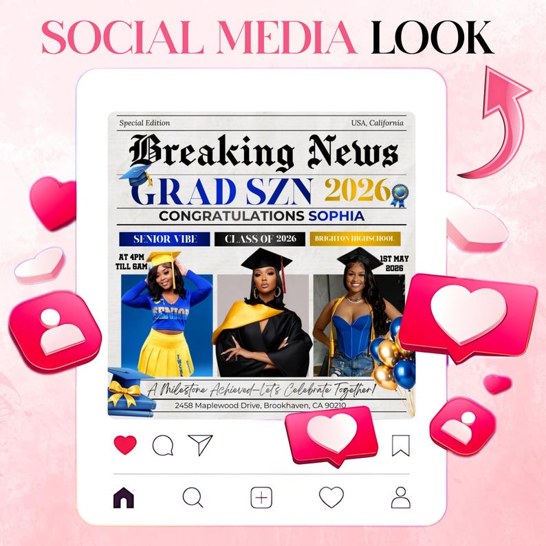 Graduate Flyer, Graduation Party Flyer, Graduation Invitation, College Decision, Class of 2026 Flyer, Senior Grad Announce, Canva Editable, Class of 2026 Gold Graduation Invitation, Editable Magazine Style Black Boy College High School Grad Party Canva DIY Flyer