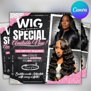 Puede incluir: Un folleto promocional para reservas de pelucas, con un fondo negro y acentos rosas. Presenta el texto "WIG SPECIAL" e imágenes de mujeres con cabello largo y peinado. También se incluyen detalles sobre reservas y descuentos.