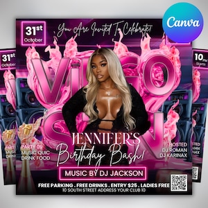 Könnte beinhalten: Ein pinkfarbener Werbeflyer für Jennifer's Birthday Bash mit einer Frau mit blonden Haaren. Das Design enthält die Wörter "VIP" und "Birthday Bash". Der Flyer enthält Eventdetails und einen QR-Code.
