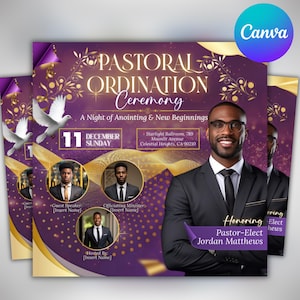 May include: A purple and gold flyer for a Pastoral Ordination Ceremony, featuring the text "PASTORAL ORDINATION Ceremony" and event details. Includes portraits of several men and the text "Honoring Pastor-Elect Jordan Matthews."