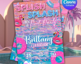 Splish Splash Pool Party Birthday Invitation - Girl Summer Birthday Invitation - Pink Flamingo Pool Party - Editable Digital Download