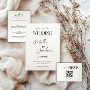 Puede incluir: Conjunto de invitaciones de boda con tres tarjetas. La tarjeta principal dice "Join us for the WEDDING Mattie & Jackson 05.09.2025". Tarjetas adicionales incluyen detalles y un código QR para RSVP. Diseño minimalista.
