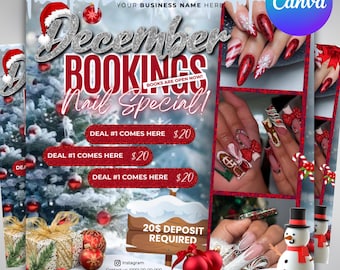 May include: A promotional flyer for December nail bookings. The design features a Christmas tree, gifts, and nail art examples. Text includes "December Bookings Nail Special!" and "$20 Deposit Required."