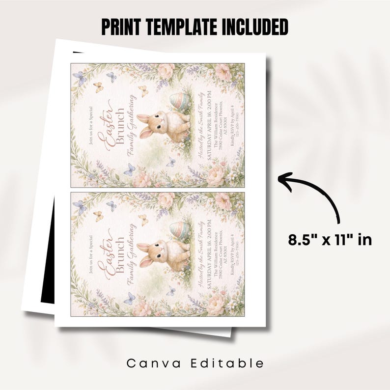 Easter Egg Hunt and Brunch Invitation, Easter Brunch Party Invitation, Floral Spring, Religious Easter Invite Bunny & Cross, Editable Canva, Easter egg Hunt Invitation, Party with my Peeps, Easter Bunny Invite, Gold Easter Egg, Easter Party Invite, Instant Download, Editable Canva