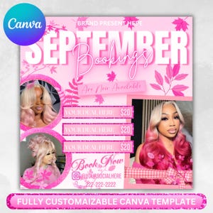September booking flyer, September flyer, Fall Season Booking Flyer, Fall Szn Sale, Wig Install, Lash Nail Braids Flyer, Canva Editable