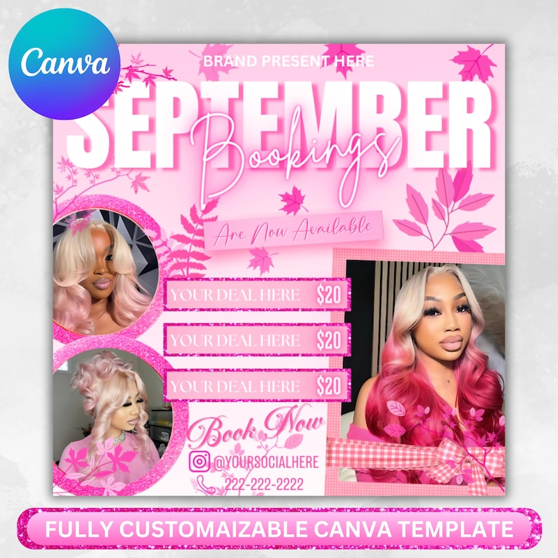 September booking flyer, September flyer, Fall Season Booking Flyer, Fall Szn Sale, Wig Install, Lash Nail Braids Flyer, Canva Editable