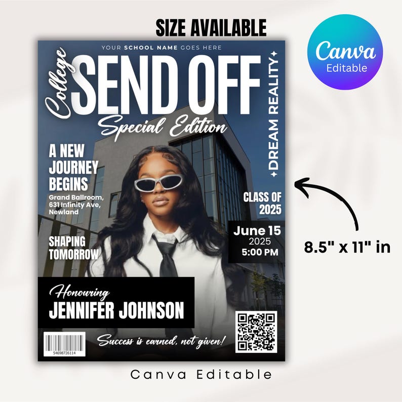 Editable College Send Off Evite, Farewell Party Invite, DIY Trunk Party Flyer, Black Magazine Cover, Goodbye Graduation Celebration