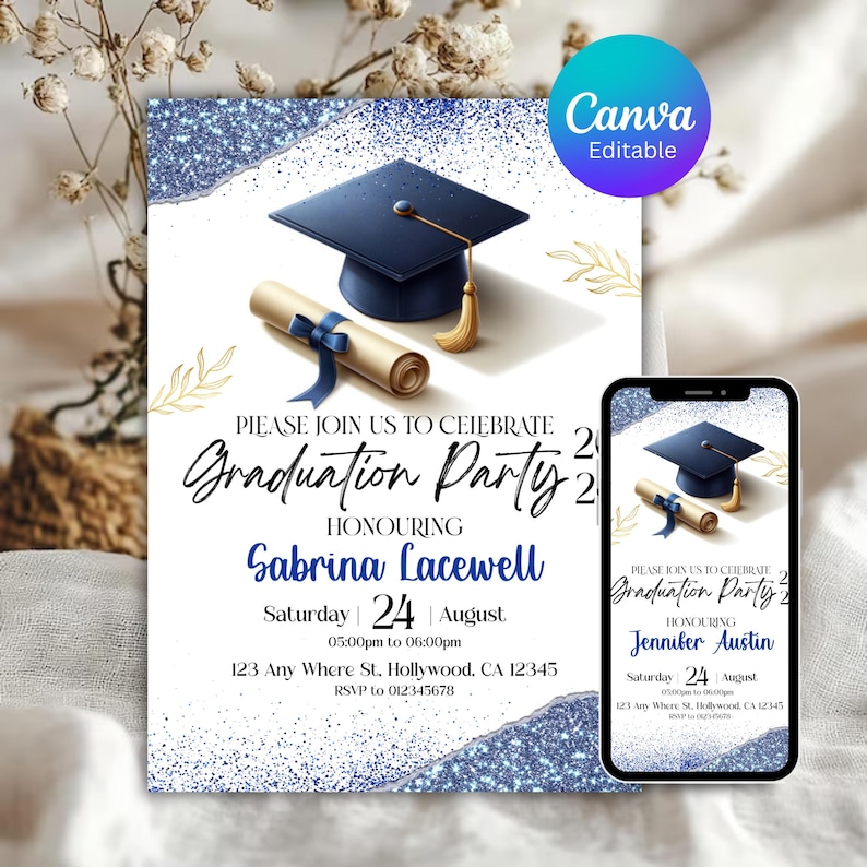 Graduation Party Invitation, Class of 2026 Invite, Blue Graduation Announcement, Self-Editable Digital Download, Printable Grad Card