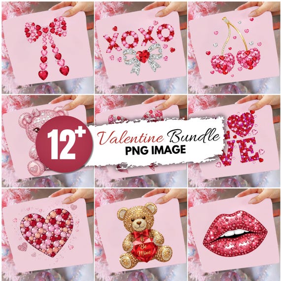 Rhinestone Valentine PNG Bundle: Sparkle Bling Crystal Mosaic Jewel Diamond Vday, Trending Digital Download