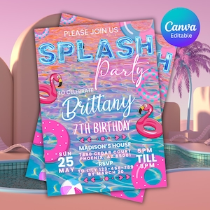 Splash Birthday Party Invitation, Editable Splash Invite, WaterPark Party Invitation, Splash Invitation, swimming party template teen splash