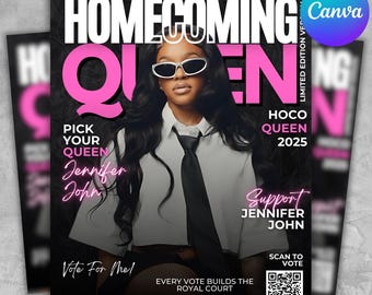 May include: A promotional flyer for a Homecoming Queen candidate. The design features a woman wearing sunglasses and a tie, with the words "Homecoming Queen" in large pink letters. The flyer includes the candidate's name, "Jennifer John," and a QR code.